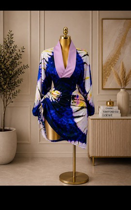 Women's Blue and Yellow Sunburst Tie-Dye Wrap Front Mini Dress with Batwing Sleeves