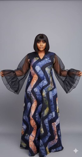 Robe longue élégante noire et multicolore à motif zigzag avec manches transparentes