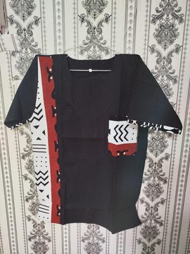 Black Statement Shirt with Red &amp; White Mudcloth Accent – Modern African Men’s Cotton Top