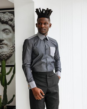 A charcoal grey &amp; light vintage club collar casual shirt.