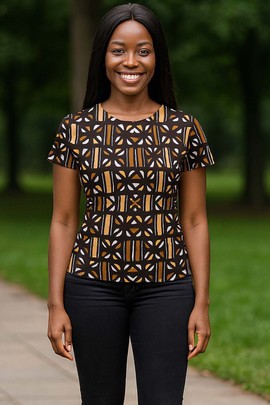 T-shirt pour femme en tissu bogolan afrocentré, tons terreux, marron