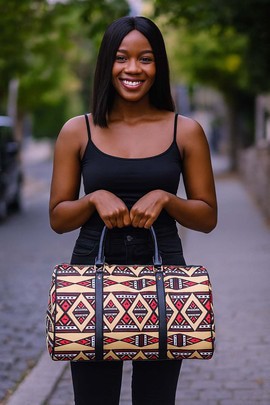 African Leather Bag for Travel Traditional Congo Pattern