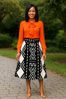 Tribal Skirt Flared | Black and White Geometric Print Midi