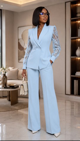 Women's Sky Blue Crepe Blazer &amp; Wide-Leg Trouser Suit – Lace Sleeve Two-Piece Office Set