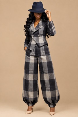 Women’s Plaid Two Piece Suit Set – Wide Leg Trousers &amp; Blazer