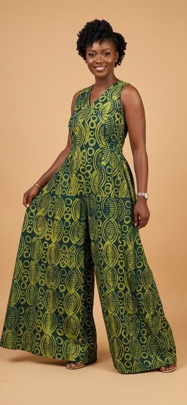 Chic Green Adire Batik Wide-Leg Sleeveless Jumpsuit