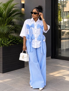 Women's White Shirt with Striped Bow Ties &amp; Blue Pinstripe Wide-Leg Trousers Set – Two-Piece Outfit