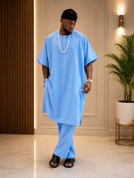 Tenue traditionnelle de luxe pour homme | Ensemble kaftan et pantalon bleu clair