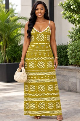 Robe longue élégante à col en V avec poches, style ethnique africain, pour femme, dorée