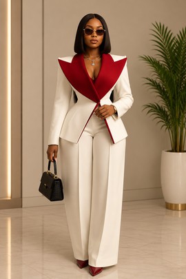 Women's White &amp; Red Contrast Collar Suiting Blazer &amp; Wide Leg Trouser Suit