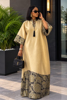 Women's Gold Brocade Kaftan Maxi Dress – Elegant Loose Fit Gown with Black &amp; Gold Trim and Tassel