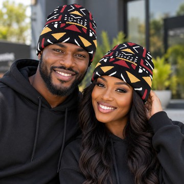 Bonnet tricoté à revers en bogolan tribal | Accessoire de mode en bogolan | Bynelo