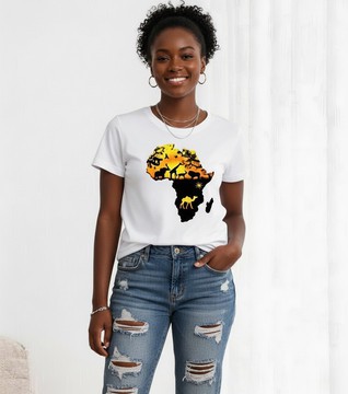 white t-shirt with Africa map printed on front