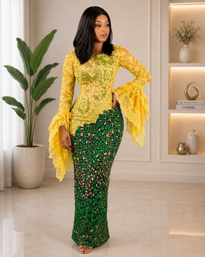 Women's Yellow Lace &amp; Green Ankara Maxi Gown