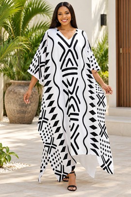 Robe midi à col en V et manches courtes pour femme en imprimé africain | Robe midi en imprimé africain | Bynelo