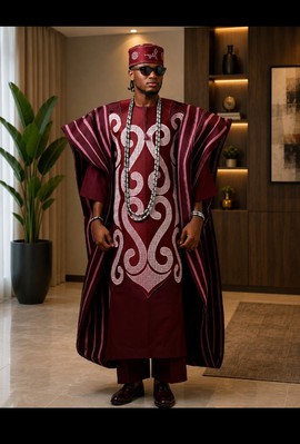 "Men's Maroon Aso Oke Agbada Set – Striped Handwoven Robe with Scroll Embroidery &amp; Cap