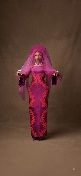 Magenta and Red Leaf-Motif Traditional Bridal Outfit
