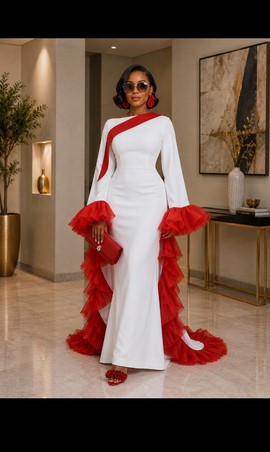 Robe de sirène blanche et rouge pour femme, avec manches cascade en tulle à volants