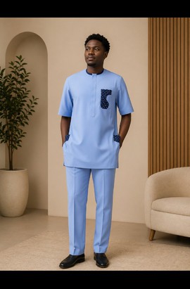 Ensemble sénateur bleu ciel pour homme avec détail de poche à pois bleu marine – tenue traditionnelle deux pièces à manches courtes