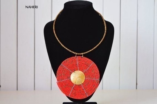 African red beaded necklace disc pendant with brass