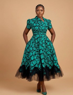 Batik Midi Dress with Shawl Collar &amp; Tulle Ruffle Hem|Garden parties|Wedding guest attire