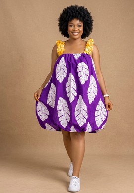Mini-robe bouffante à feuilles tropicales violettes