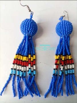 Blue beaded dangle earrings, beaded ball earrings, masai earrings, Maasai fringe  long earings,