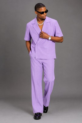 Ensemble costume deux pièces violet lavande pour homme – Chemise-blazer à manches courtes et pantalon à jambes larges
