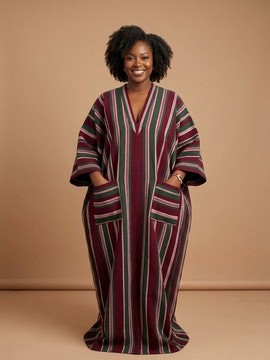 Handwoven Striped Burgundy and Green Aso Oke Kaftan Boubou Dress