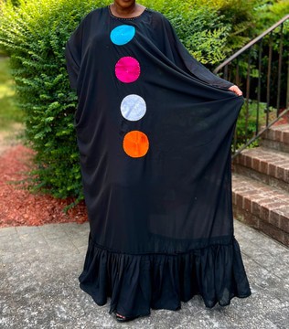 Black Caftan Dress with Bright Colored Dots Accents