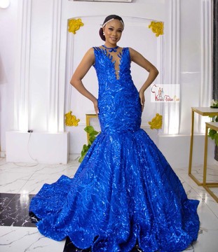 Blue lace prom dress, women evening gown,African wedding dress