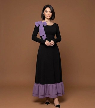 Long sleeve color block maxi dress with a stamens shoulder bow