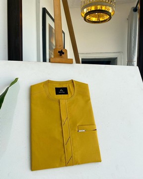 A Mustard Yellow Kaftan, embroidery front flap details African traditional senator