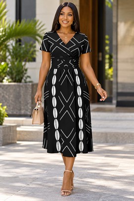 Robe midi à col en V et manches courtes pour femme en imprimé africain | Robe midi en imprimé africain | Bynelo