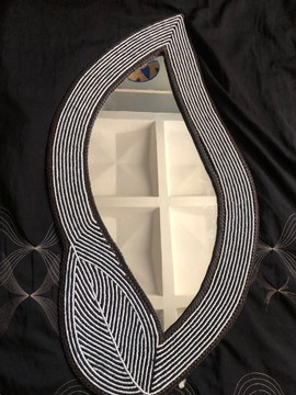 Beaded leaf shaped mirror/ black and white beaded mirror/ beaded dressing mirror