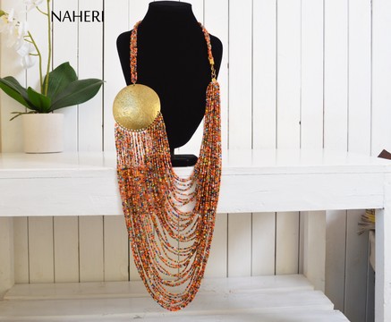 African beaded loop necklace with brass disc | Chunky trendy jewelry | Handmade tribal neck piece