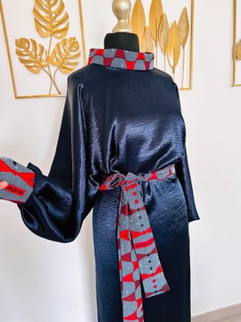 Robe longue bi matière Satin et Wax - robe élégante de haute qualité - manche bouffante fluide