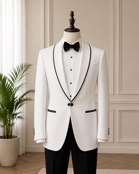 Blazer de smoking blanc pour homme à col châle avec bordures noires et pantalon noir – Costume habillé deux pièces
