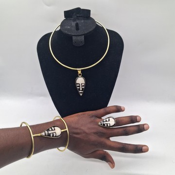 Handmade African Mask Brass Jewelry Set: Choker Bone Pendant, Cuff Bracelet &amp; Ring