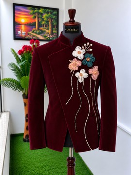 OKXEEL Costume en velours bordeaux à fleurs perlées
