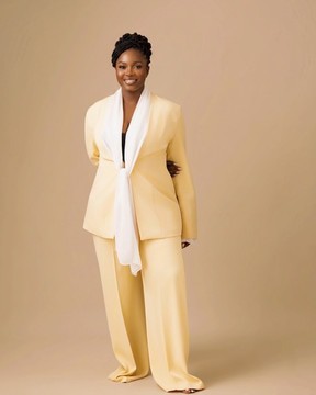 Women's Soft Pastel Yellow Two-Piece Suit with White Scarf Accent