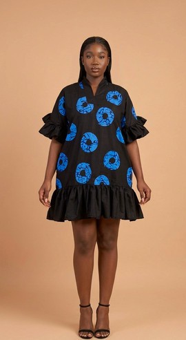 African Adire Short Flare Dress – Black and Blue Tie-Dye Ruffle Sleeve Mini Dress