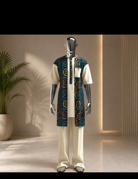 Ensemble kaftan pour homme à imprimé tourbillonnant crème et bleu – Tunique avec empiècement en imprimé Ankara et pantalon