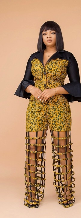 African Ankara 2-Piece Pants Set – Yellow Print Shorts with Sheer Grid Pants &amp; Ruffle Sleeve Top