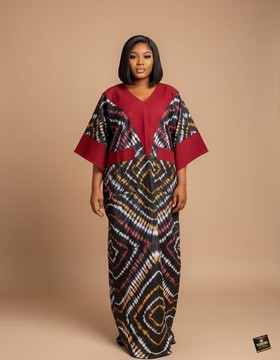 Adire V-Neck Kaftan with Contrast Trim