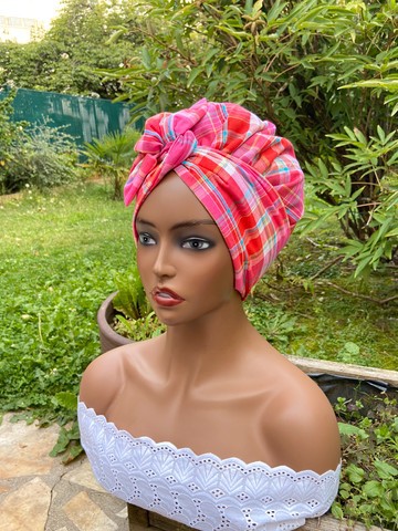 Madras / satin reversible wrap turban