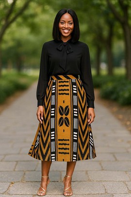 African Skirt for Women Cowrie Mudcloth Print Flare Midi