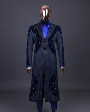 A “Prodigal” lashed midnight blue, admiral blue &amp; splashed black metallic jacquard trench suit,