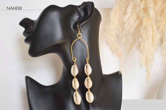 African cowrie shell and brass earrings long