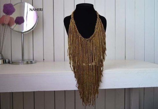 African beaded necklace tribal fringe neckpiece. Gift for her